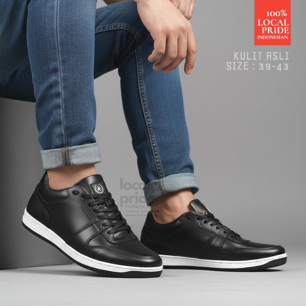 Sepatu Pria Sneakers Casual Kulit Asli GREATA CYRUSH BLACK
