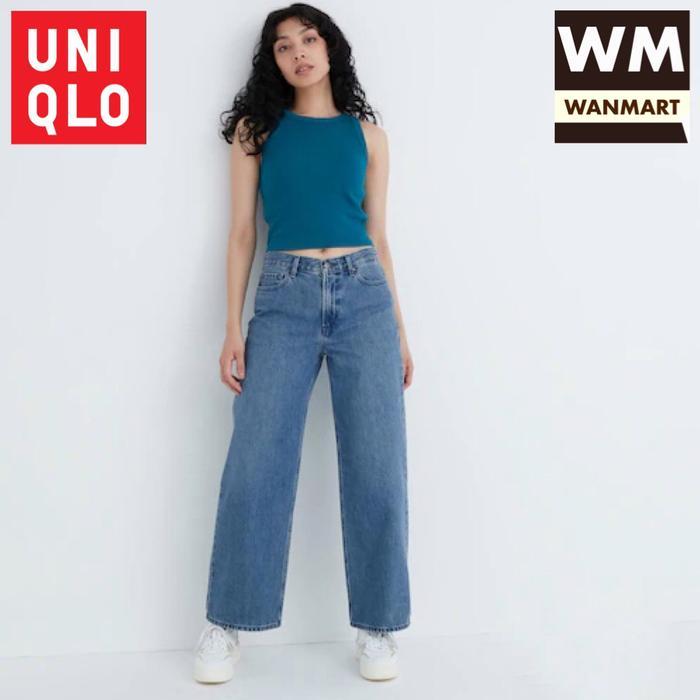 UNIQLO Women Denim Celana Panjang Jeans Baggy Wanita Low Rise Blue
