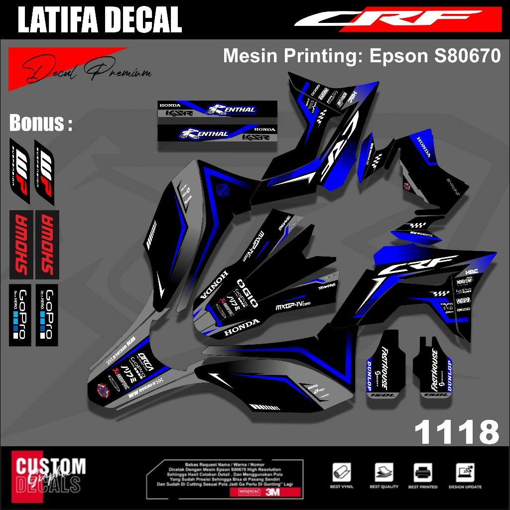 Decal Full Body CRF 150L New Desain Bisa Custom Warna Nama Nomor - Sticker CRF Biru Hitam