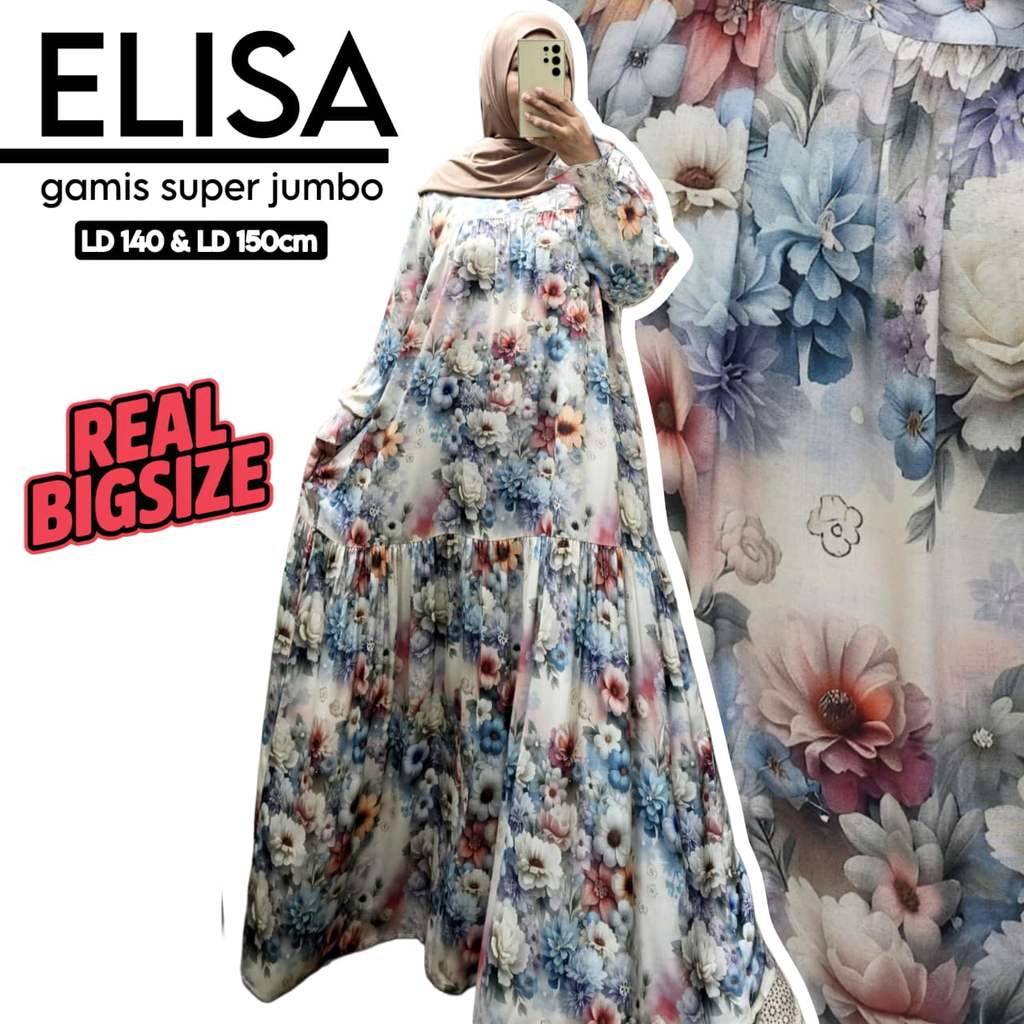 Gamis Jumbo LD140 LD150 Elisa Dress Rayon Boutique Motif Printing 3D Bunga Pinggul Lebar Maxi Wanita