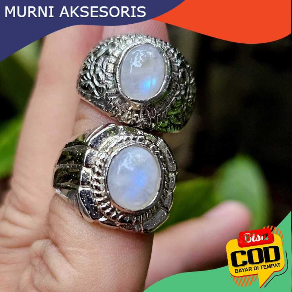 Murni Aksesoris. Cincin Batu Akik Biduri Bulan / Natural Moonstone dengan Klip Klep Biru Laut Size K