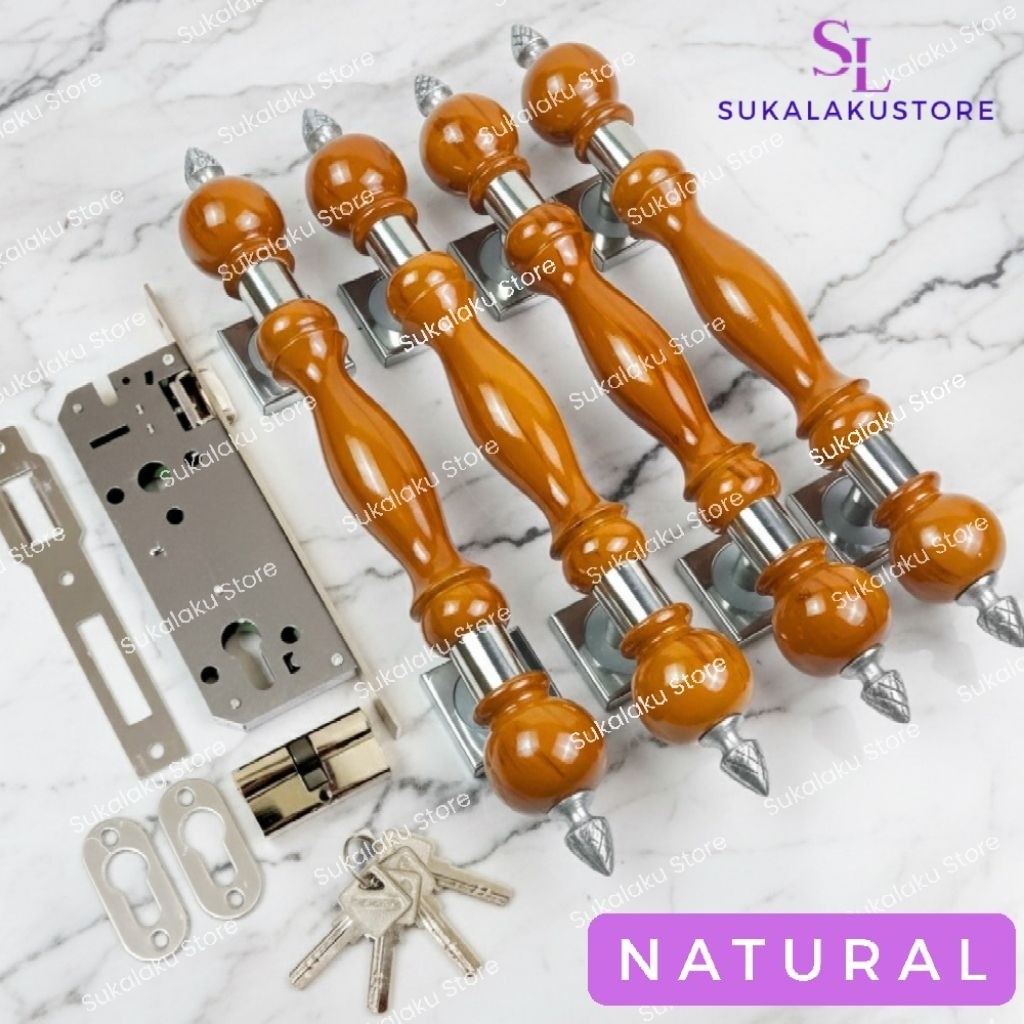 handle pintu rumah 1set isi 4 dan kunci silinder/model handle tomat kayu jati panjang 40cm