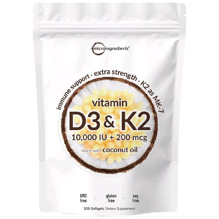 Micro ingredients Vitamin D3+K2 10000iu + 200mcg isi 300 Softgels Original USA Untuk Meningkatkan Si