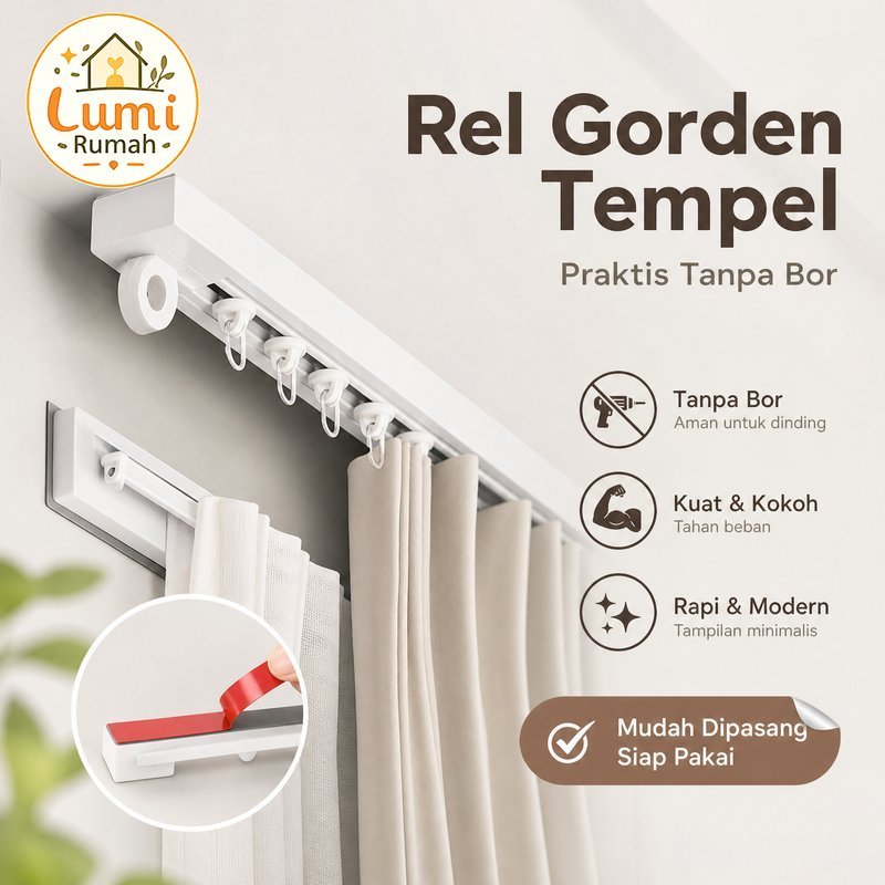 rel tirai tempel tanpa paku rel gorden adhesive gantung jendela lemari pintu aksesoris