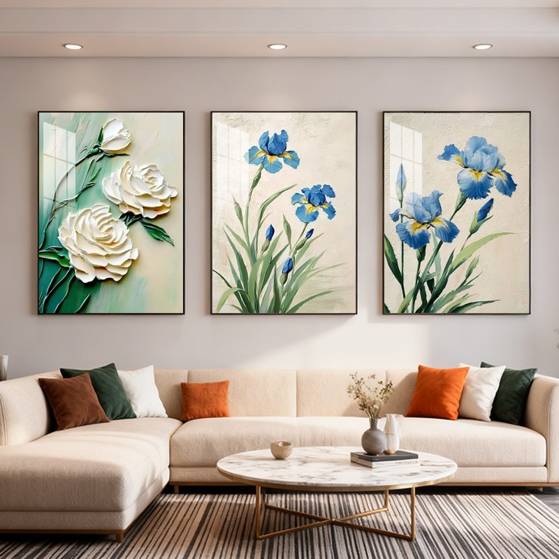 3 Panel Hiasan Dinding Kristal Keramik  Bunga Abstrak Mewah  Dekorasi Ruang Tamu Sofa