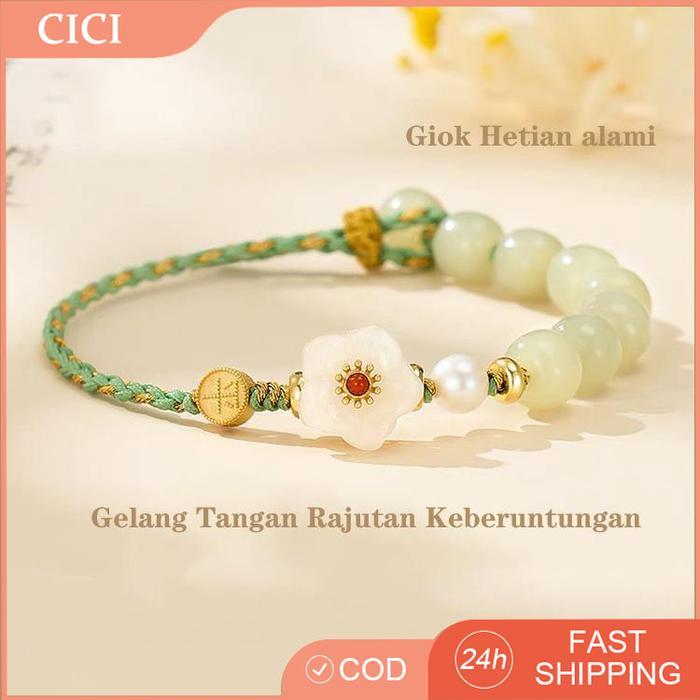 READY Gelang Tali Wanita Tasbih Handmade Giok Braided Bunga Peach Blossom Charm Untuk Hadiah Cantik 