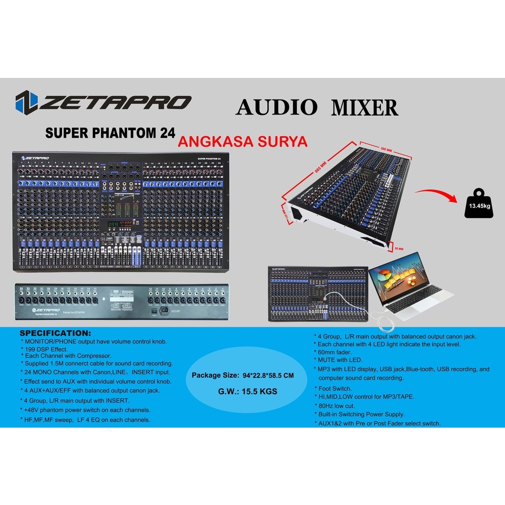 Mixer ZETAPRO SUPER PHANTOM 24 ORIGINAL / Mixer Audio Zetapro 24 Channel Compressor Limiter
