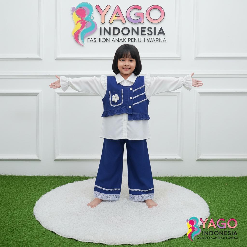 YAGO FASHION KIDS PREMIUM 3in1 SET SETELAN ANAK PEREMPUAN 3-12 TAHUN JEANS DENIM BAJU ROMPI CELANA K