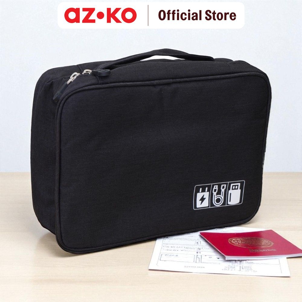 AZKO Passport Tas Organizer Gadget Dengan Handle - Hitam Pouch Kabel Charger Handphone Laptop Tempat