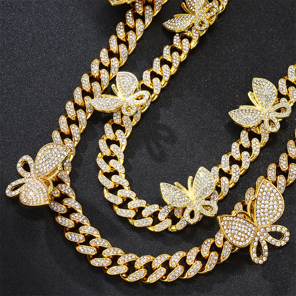 D&Z Hip Hop Fashion 13MM Iced Out Miami Curb Butterfly Cuban Chain Necklace Iced Out 2 Rows CZ Stone