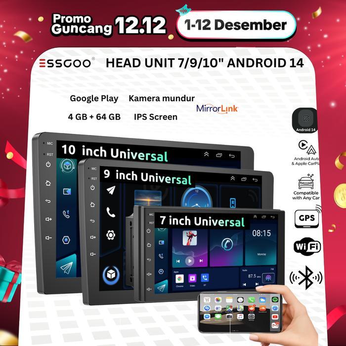 ESSGOO Head Unit Android 14 mobil 4G+64G  7/9/10 Inch 2 Din Kontrol Suhu Cerdas IPS Layer Mobil Navi
