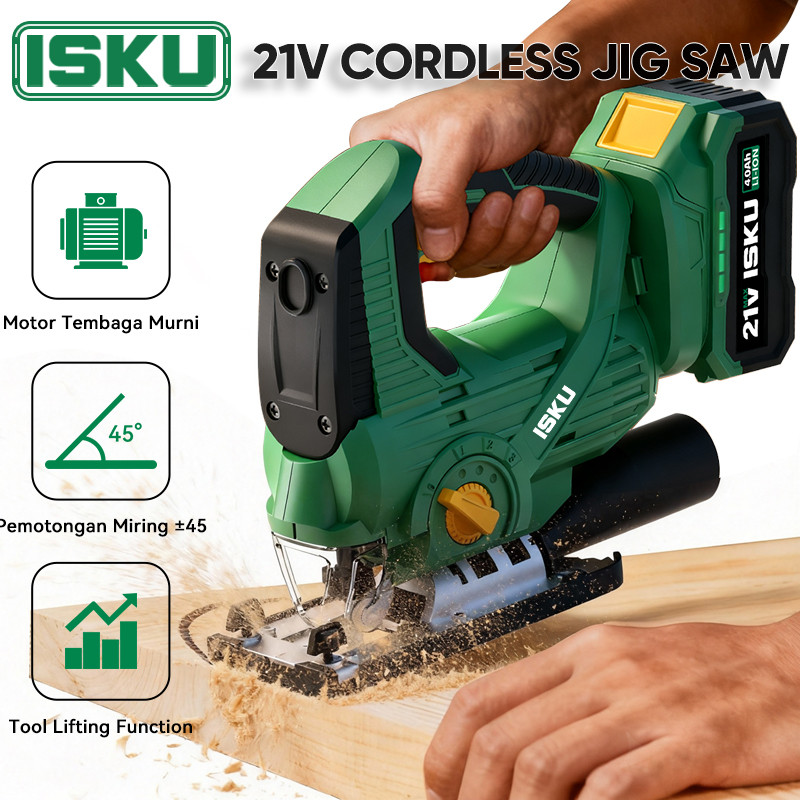 Isku Gergaji Kayu Jigsaw Cordless Mesin Baterai 21 Volt Triplek Gergaji Jigsaw 3 Level Pendulum