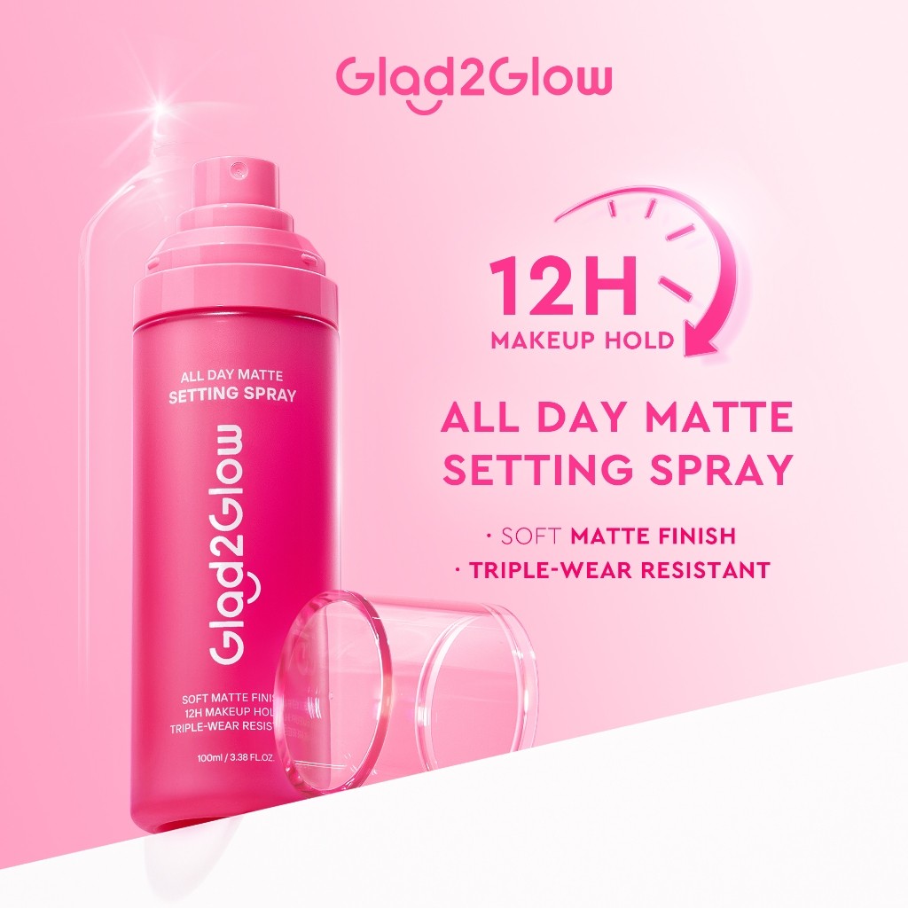[Produk Baru Viral]Glad2Glow All Day Matte Setting Spray Make up Flawless | 12H Tahan Lama | Soft Matte Finish | Powder Shield Oil Control Tech | Kontrol Minyak | Skin tint & Lip serum Set | g2g