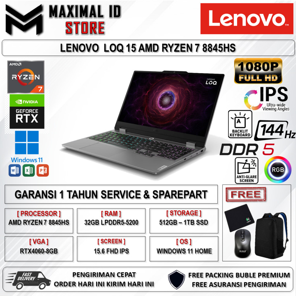 Laptop Lenovo LOQ 15 AMD RYZEN 7 8845HS 16GB DDR5 1TB RTX4060-8GB 15.6 FHD IPS 144HZ BL Win11Home
