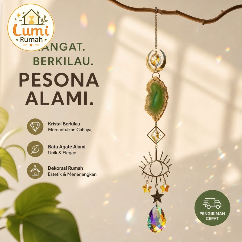 lonceng angin kristal batu akik hiasan gantung dekorasi rumah sun catcher warna warni balkon