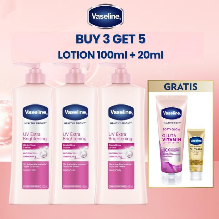 [BUY 3 FREE Lotion 100ml + 20ml]] Vaseline Healthy Bright Body Lotion UV Extra Brightening 400ml isi