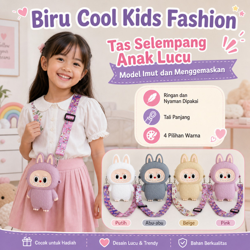 Biru Cool Kids Fashion Tas Selempang Mini Anak Perempuan Karakter Lucu untuk Koin dan HP