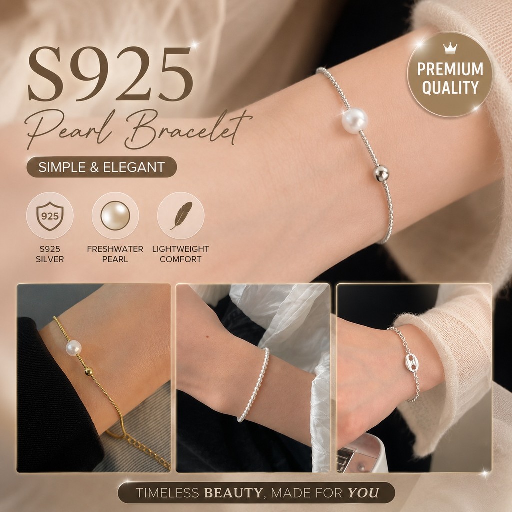 Gelang Mutiara Perak Murni S925 Wanita, Gelang Tangan Minimalis Aksesoris Mewah