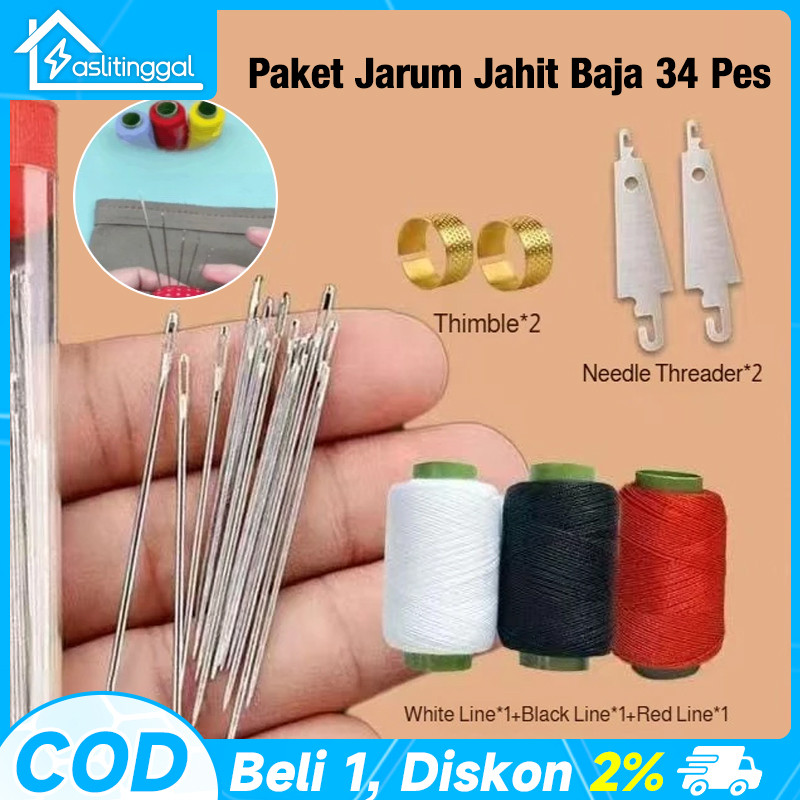 Set jarum jahit tangan 34 buah, jarum lubang besar, jarum lansia, jarum rumah tangga, jarum jahit ta