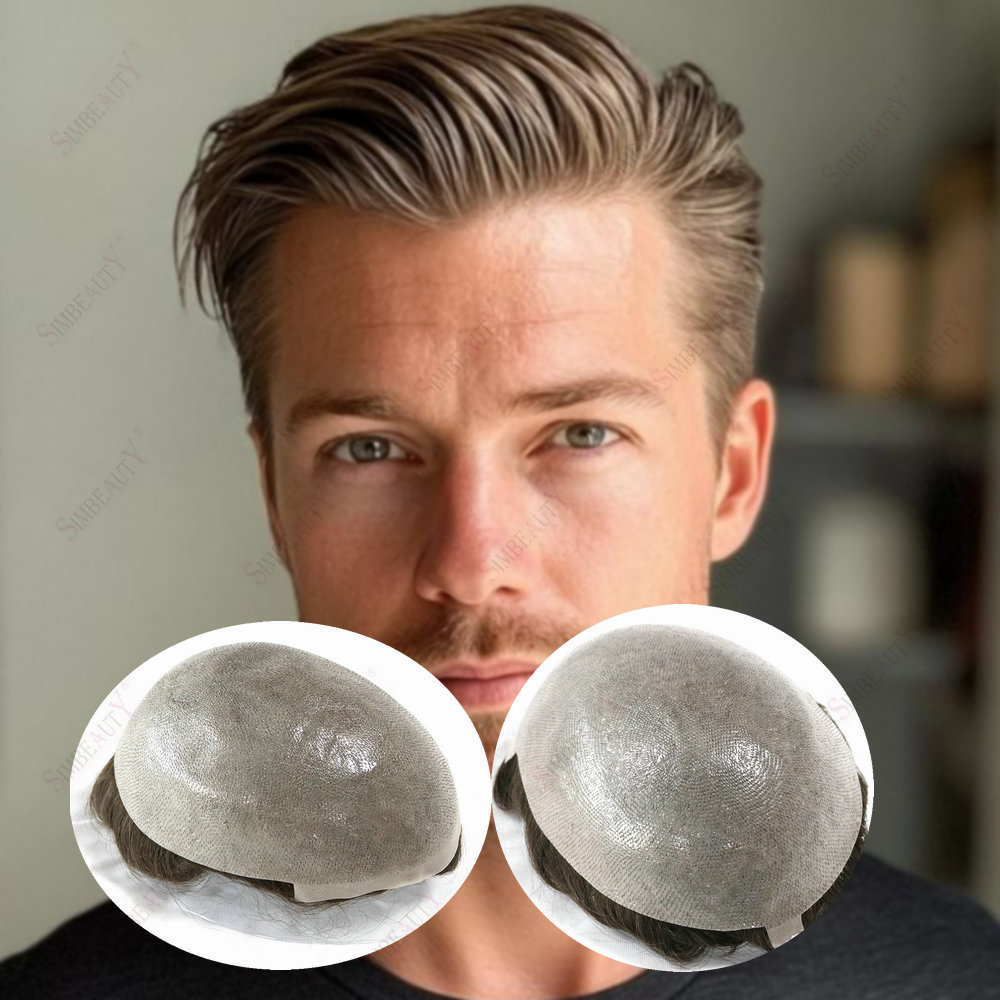 Dark Blonde0.06mm Full PU Men's Capillary Prothesis Skin Toupee100%Human Hair Male Wig Vlooped Base 