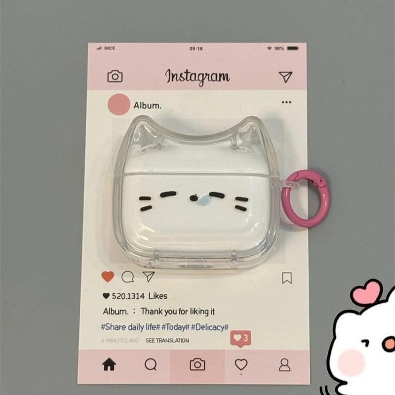 Cute Sleepy Cat Transparent Silicone Shockproof Protective Case With Pink Ring For AirPods Pro 3 Air