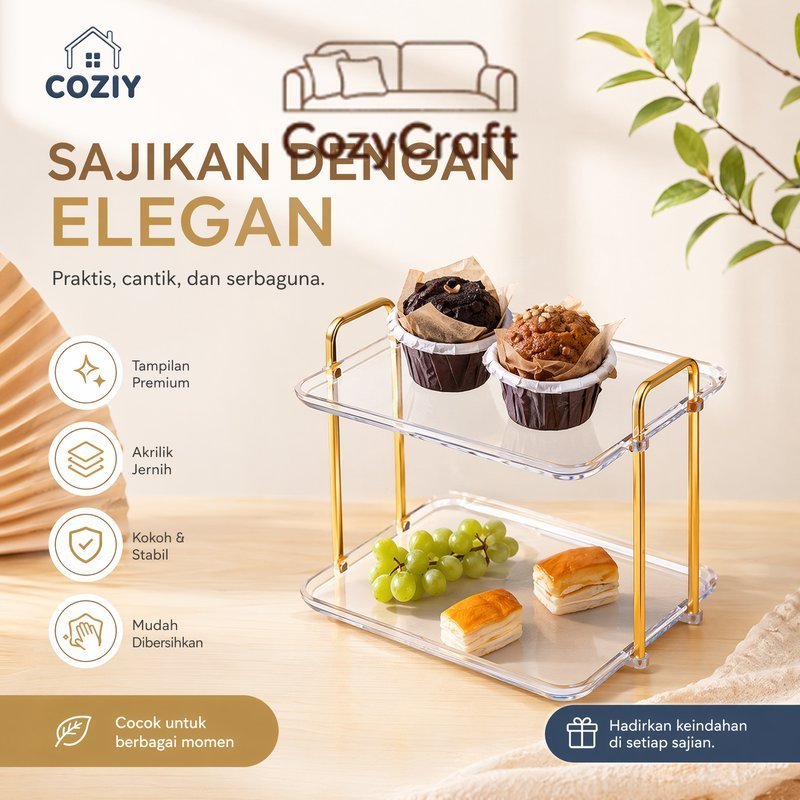 nampan buah susun 2 tingkat akrilik piring kue emas tempat snack meja tamu dekorasi rumah
