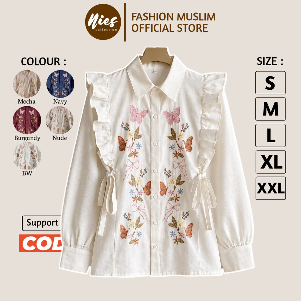 Kaluna Blouse Bordir Bunga  - LD 120 110 104 98 92 - Atasan Wanita Bahan Linen Korean Style