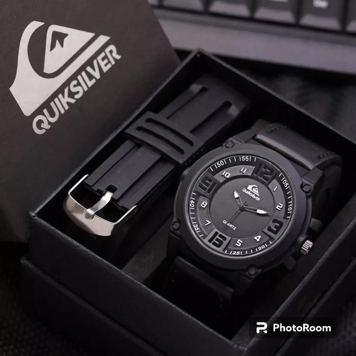 BEST SELLER - Jam Tangan Pria Quiksilver Tali Kulit Free Strap Rubber + Box Jam Tangan - HITAM