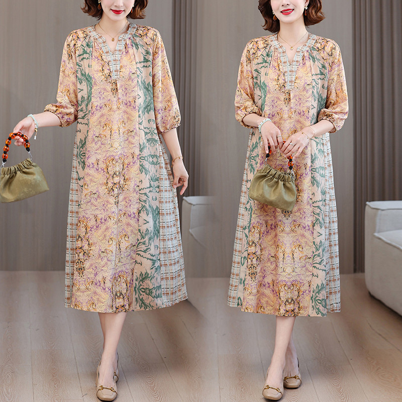 202512v Gaun Sutra Motif Bunga Elegan Musim Panas Model Baru