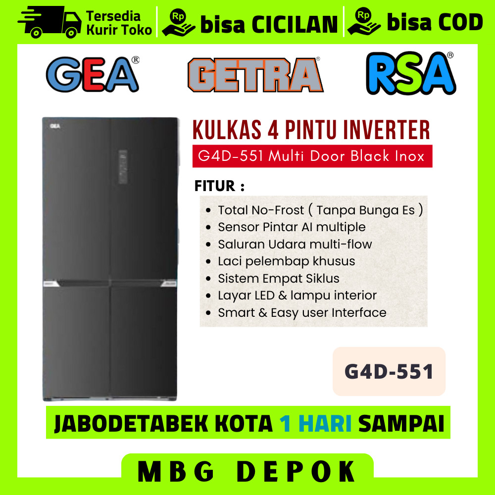 Gea G4D 551 G4D-551 Kulkas Side By Side 4 Pintu Inverter 551 Liter