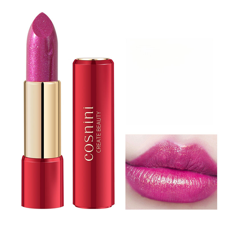 Lipstik warna ungu mawar yang berkilauan dan tahan lama.