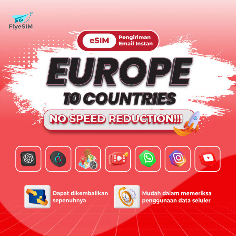 Flyesim Europe 36+ Countries esim Roaming 5G Data 3-20GB 3-30Hari | High Speed Travel Data