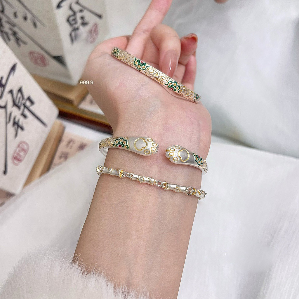 Cat capit perak gelang emas-dicat perak padat 9999 enamel Jiyu Jiyan pembukaan