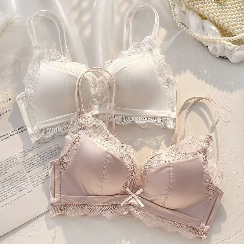 Set bra satin tanpa jahitan untuk wanita dengan payudara kecil, push-up, tanpa kawat, lateks, renda,