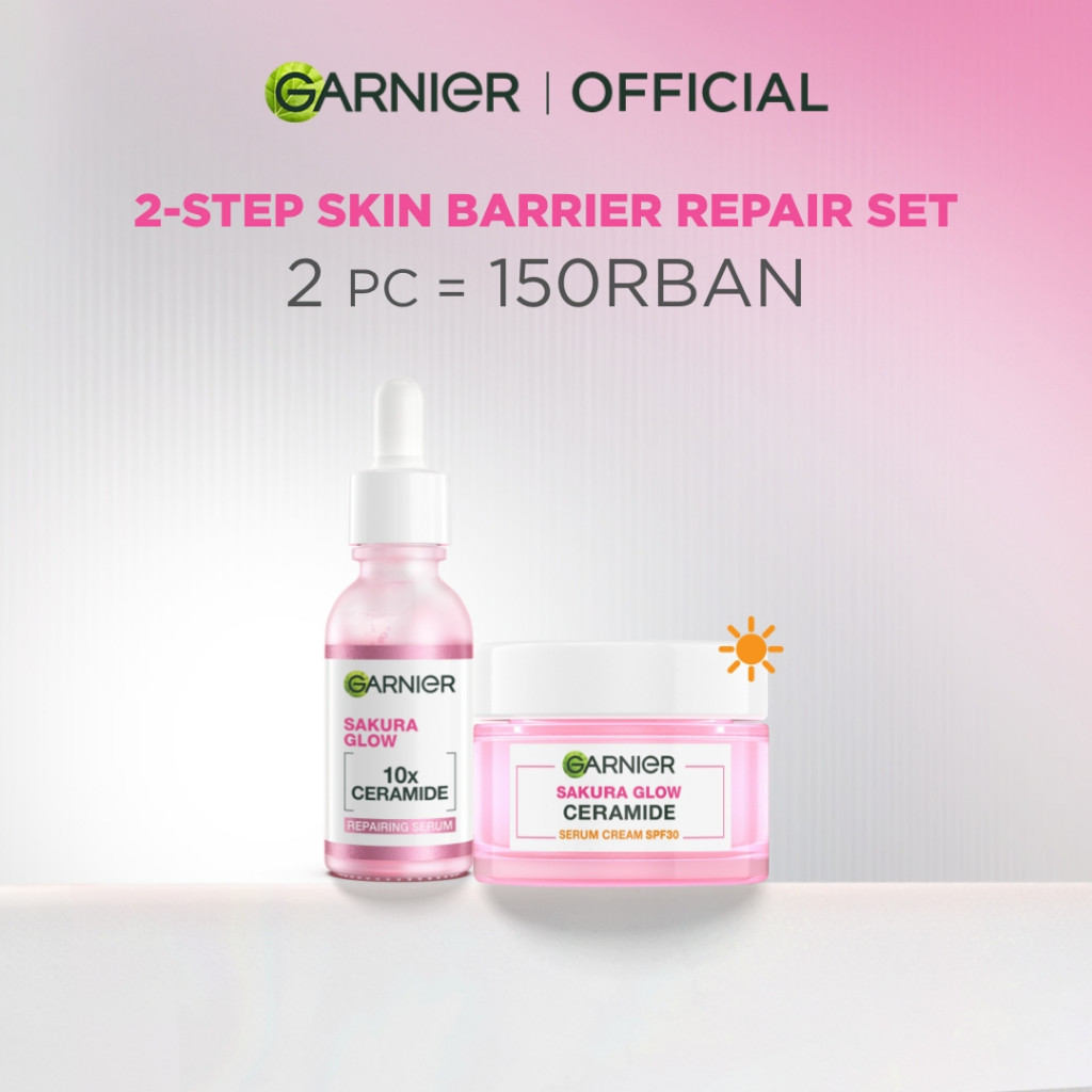 GARNIER Sakura Glow Ceramide Skin Barrier Repair Set Serum 30ml + Day Cream | Pelembab Ringan mencer