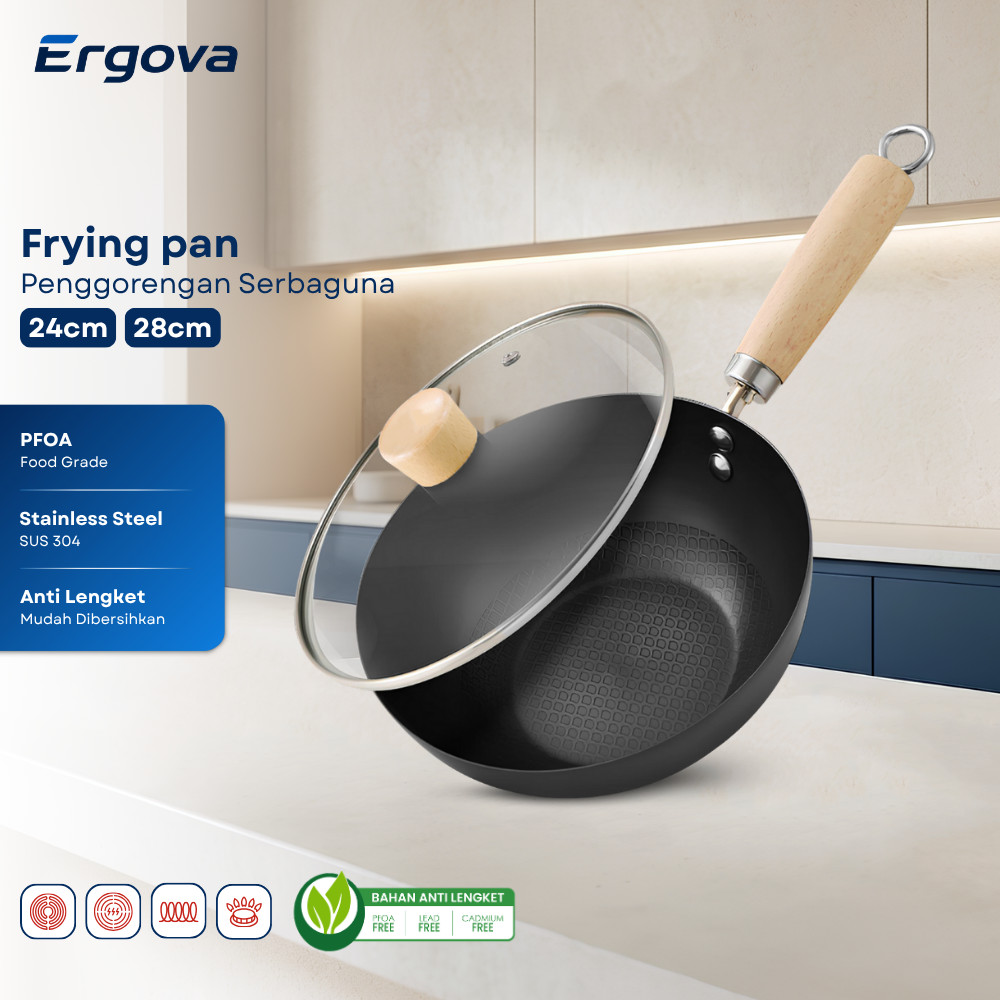 Ergova Frying Pan Anti Lengket Premium Wajan Non Stick Serbaguna Dengan Tutup Kaca