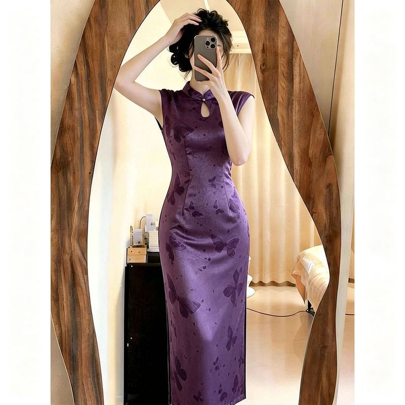 [COD] Gaun Cheongsam Modifikasi Elegan Ungu Gaun Panjang Motif Retro Mewah untuk Wanita