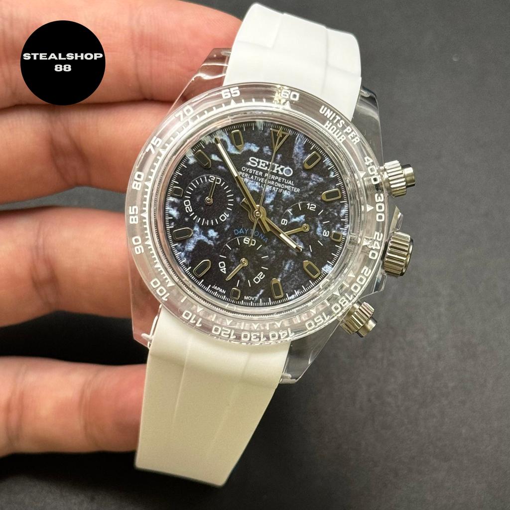 Seiko Mod Daytona Snow Carbon VK63 Chronograph Resin CLEAR Case