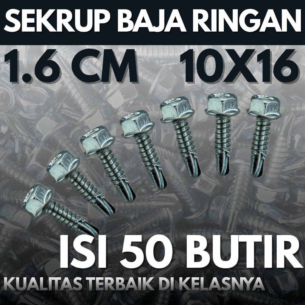 Sekrup Baja Ringan 10x16 (Isi 50 Butir) – Sekrup Seng / Baut Seng / Sekrup Baja Ringan / Anti Karat 
