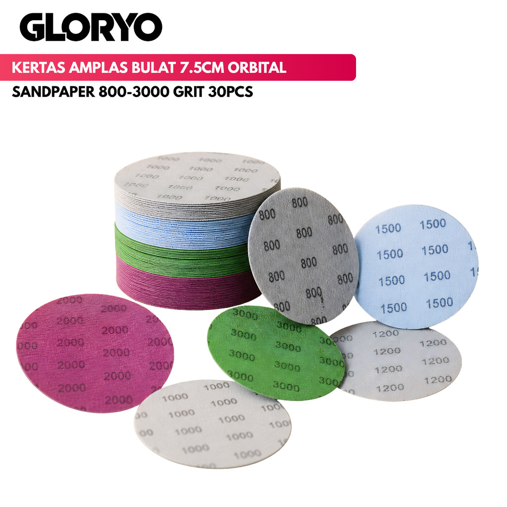 Gloryo Kertas Amplas Bulat 7.5cm Orbital Sandpaper 800-3000 Grit 30PCS