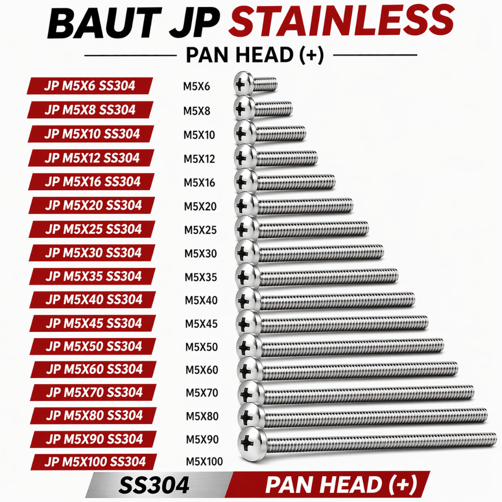 Baut JP M5X100 Machine Screw M5 X 100 Pan Head 5X100 Baut Obeng + Kepala Bulat Stainless SS304