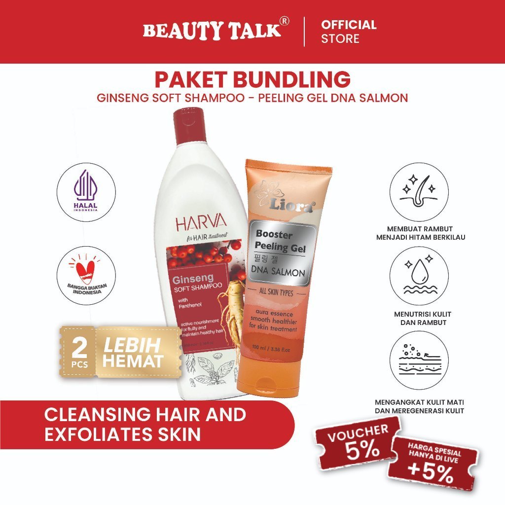 [Bundling Hemat-2Pcs] HARVA Shampoo&Conditioner Ginseng 600ml + LIORA Peeling Gel Dna Salmon 100ml