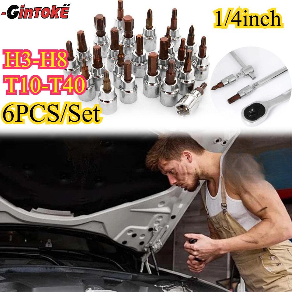 6Pcs/Set 1/4inci Tipe T/tipe H Mata Hex Bit Socket / Mata Shock Kunci Torx Bintang Mata Sock L Pende