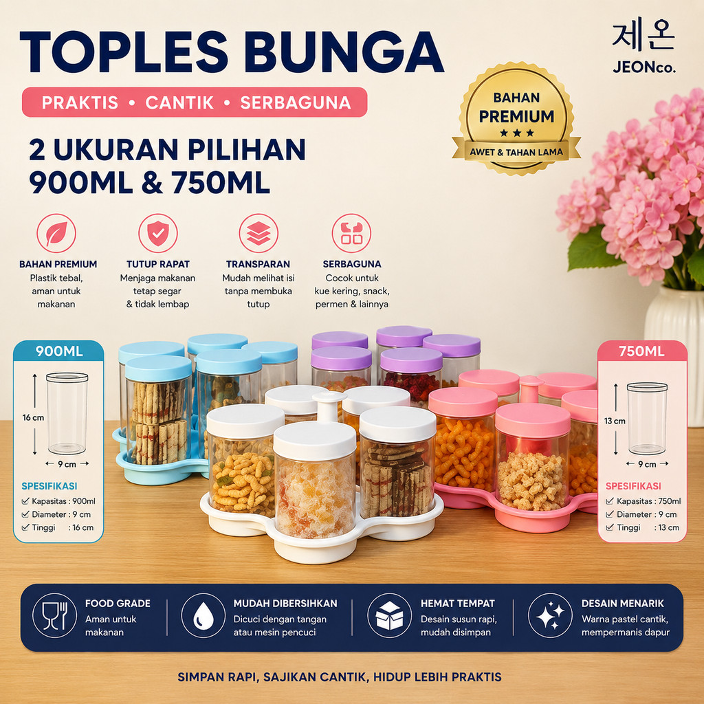 Toples Bunga Kristal Premium Lima Daun + Nampan Toples Set Lebaran Kue Kering 5in1 Murah