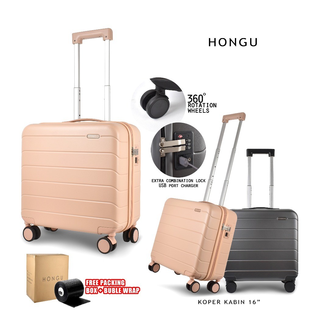 Koper HONGU 9001 16 Inch Cabin Suitcase Bahan Polypropylene ada Port Charger & Lock Kunci - Koper Ca
