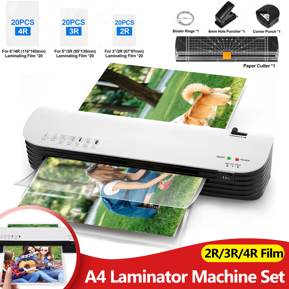 SL299 A4 Laminator Maine Set Hot and Cold with 60Sheets 2R/3R/4R Laminating Film, Paper Cutter, Corn