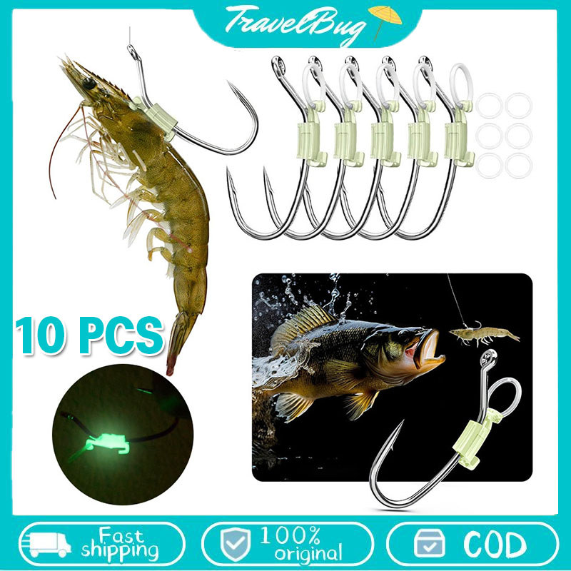 10 PCS Shrimp Hook Mata Kail Udang Hidup Glow in The Dark Set Kail Udang Bercahaya  Tahan Karat Awet