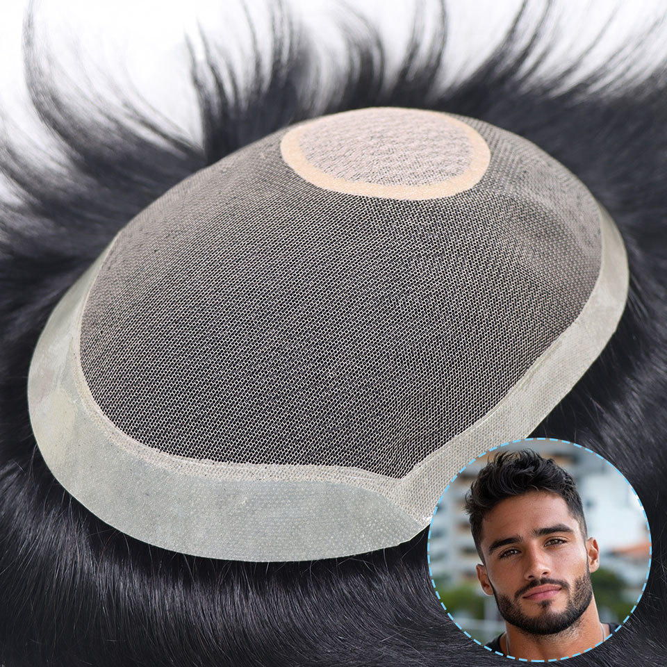 Silk Base Men Toupee Breathable Lace &PU Units Human Hair Realistic Men's Wig Male Hair Replacement 