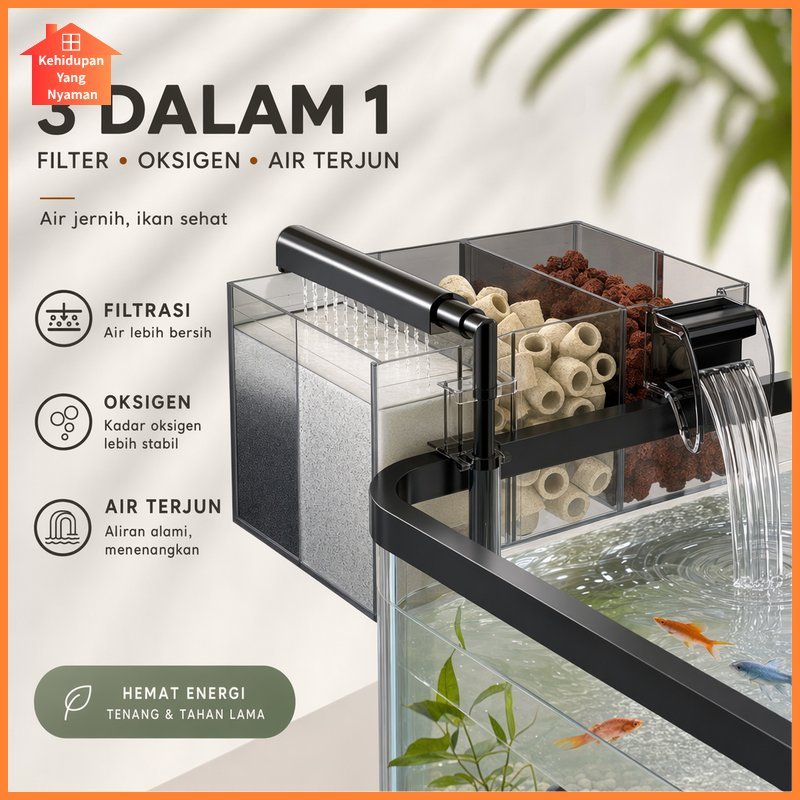 filter akuarium gantung hang on 3in1 low noise waterfall aerasi aquascape air jernih mini