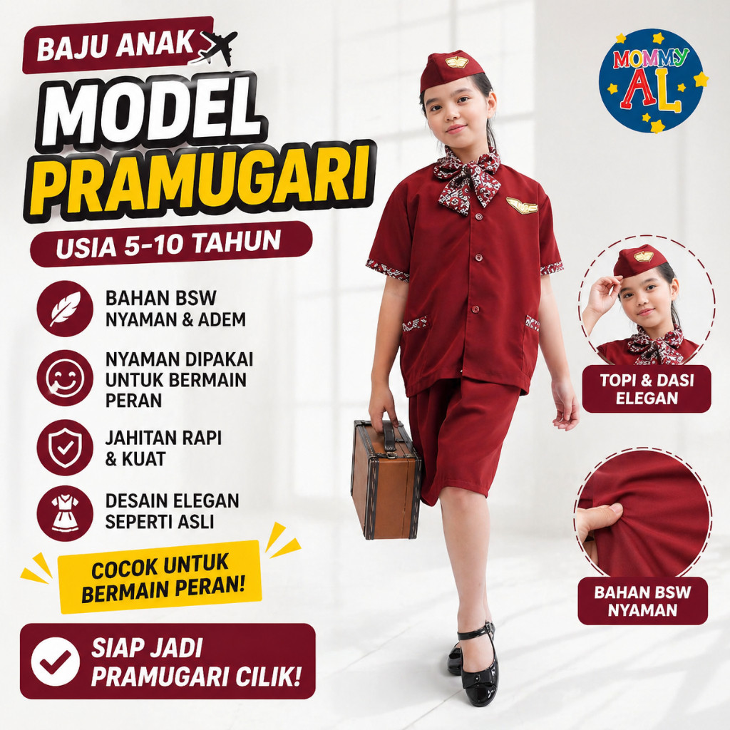 HASBI.SHOP STELAN BAJU PRAMUGARI ANAK 4_10 TAHUN/BAJU PROFESI/BAJUKARNAVAL/PRARMUGARI/baju pramugari